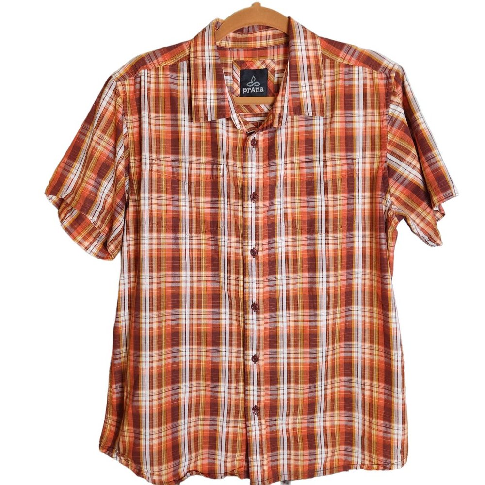 Prana Plaid Short Sleeve Button Down Shirt Organic Cotton Orange Large - Picture 1 of 9